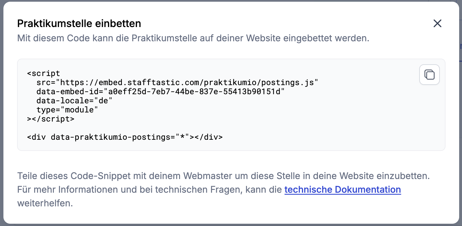 Praktikumsstelle-einbetten-Code-Snippet